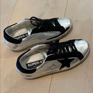 Golden Goose Metallic Silver and Black Sneakers